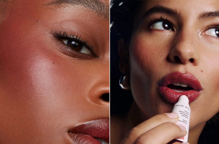 side by side images of women wearing black cherry blush and lip balm