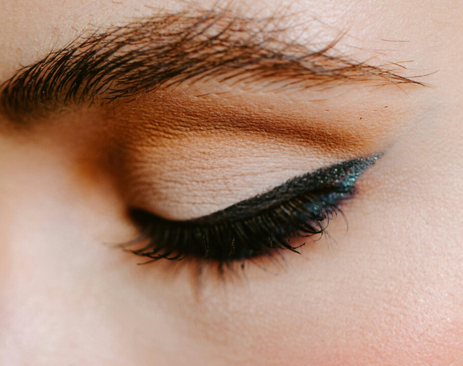 close up of woman's closed eye with black eyeliner