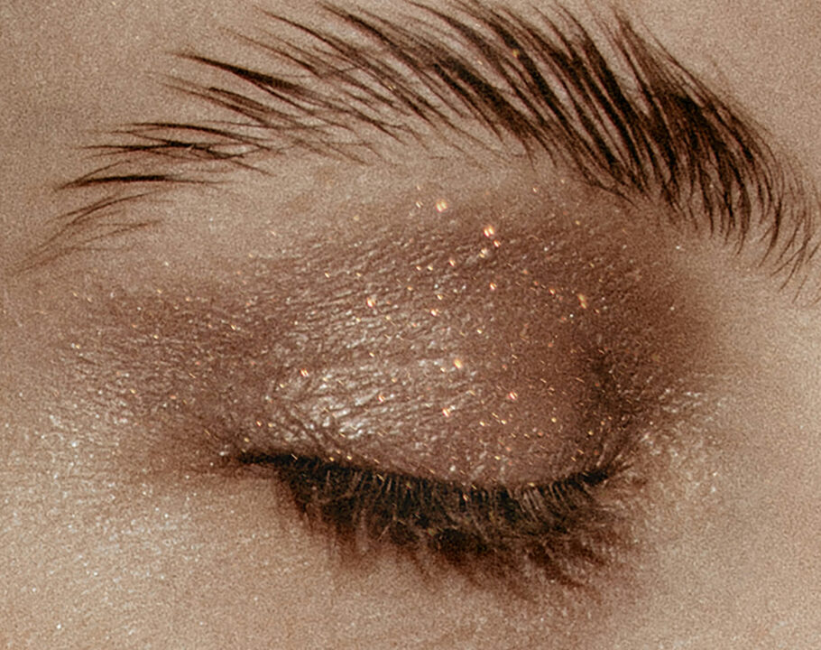 close up of glittery eyeshadow on eyelid