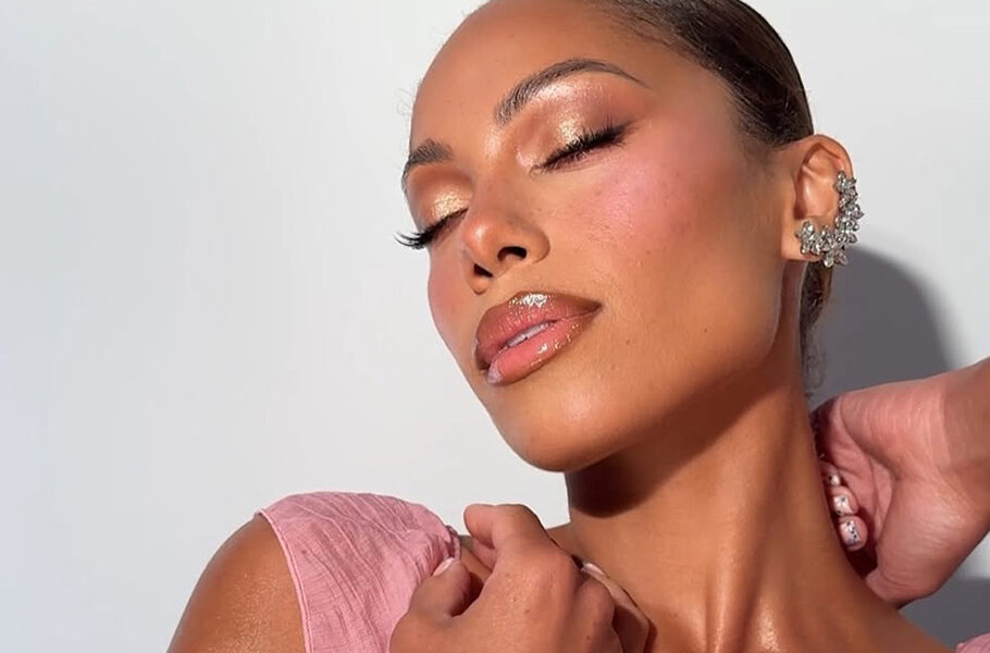 woman with eyes closed and pink lips