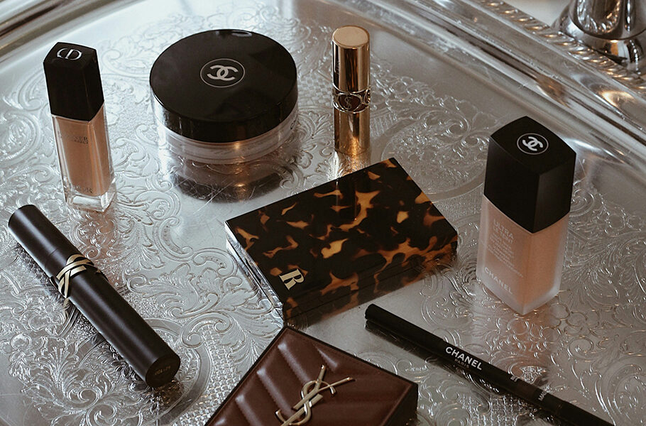 various makeup on silver tray